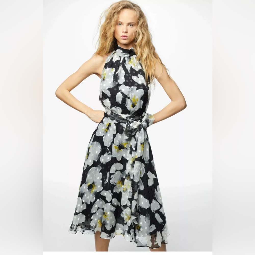 Carolina Herrera Halter-Neck Silk Chiffon Midi Dress Sz 8